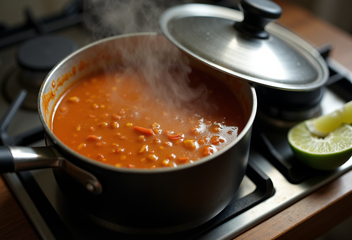 Simmering Chicken Taco Soup with lime garnish ready.