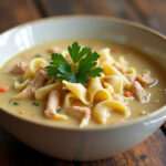 Finished Easy Creamy Chicken Noodle Soup with parsley garnish, ready to serve.