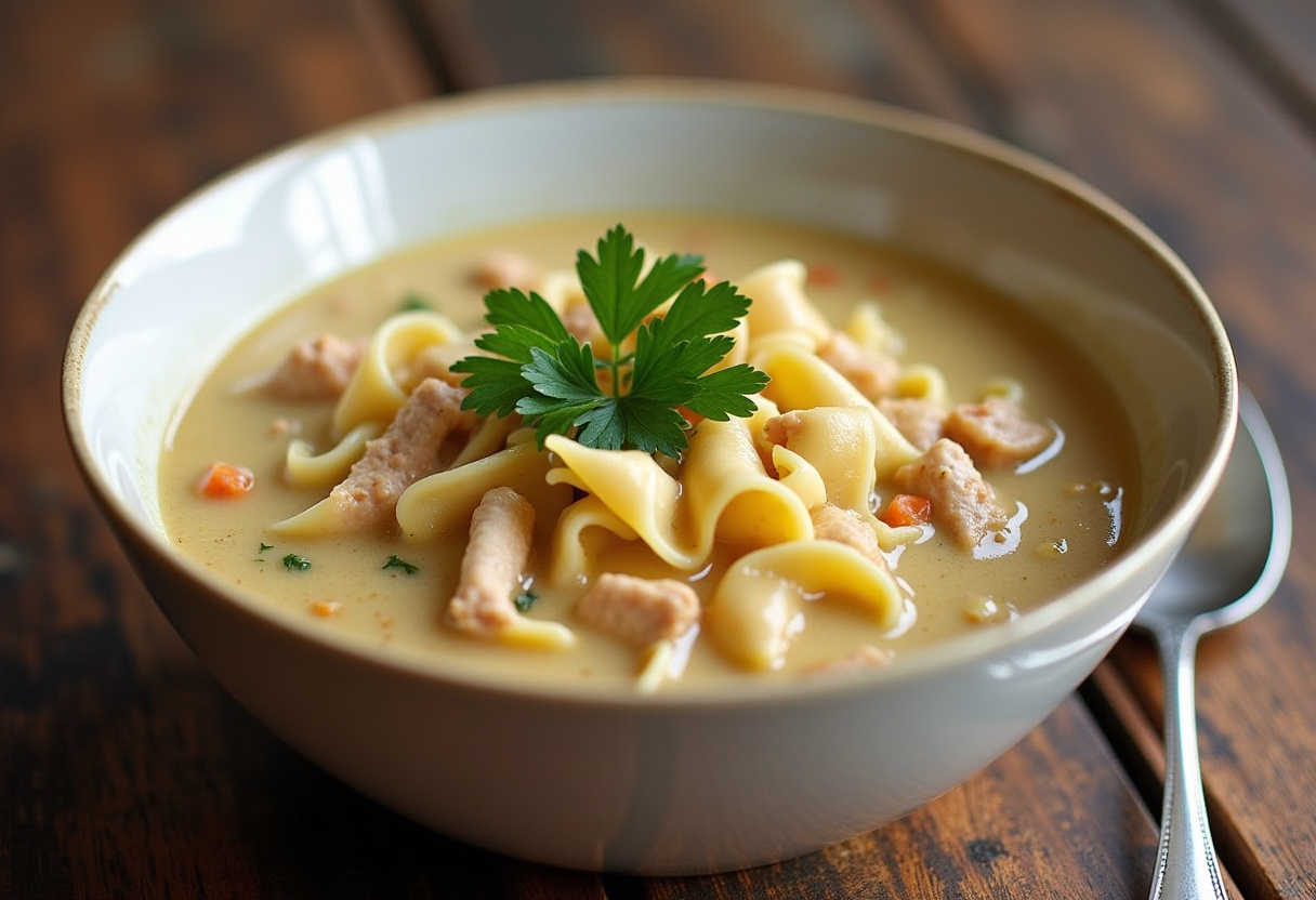 Finished Easy Creamy Chicken Noodle Soup with parsley garnish, ready to serve.