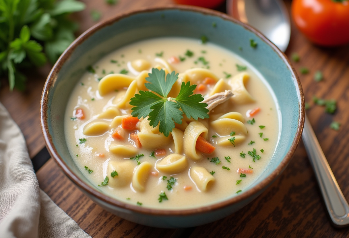 Finished Easy Creamy Chicken Noodle Soup with parsley garnish, ready to serve.