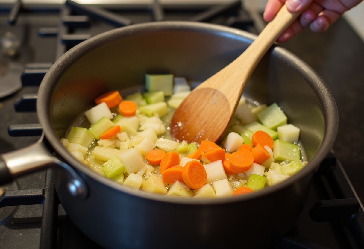 Chopped onions, carrots, and celery sautéing in butter for Easy Creamy Chicken Noodle Soup.