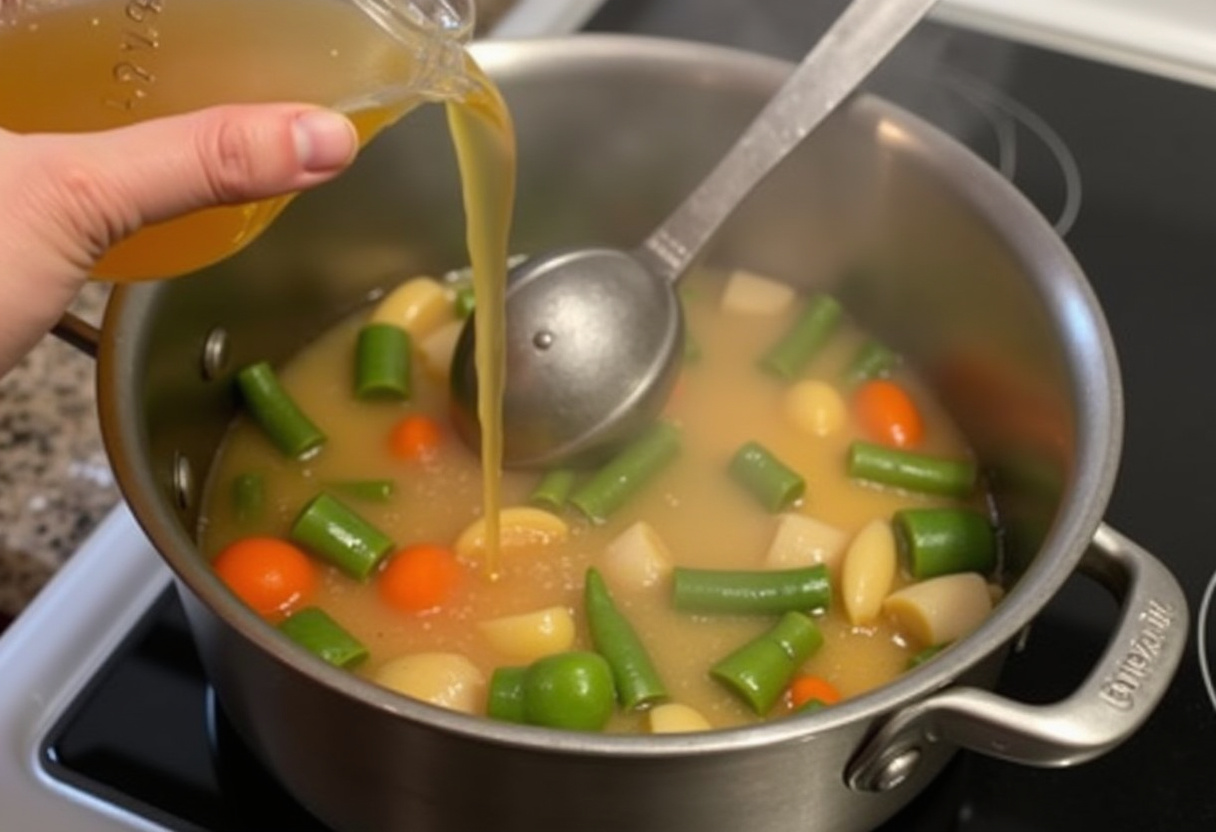 Chicken broth being added to sautéed vegetables for Easy Creamy Chicken Noodle Soup.