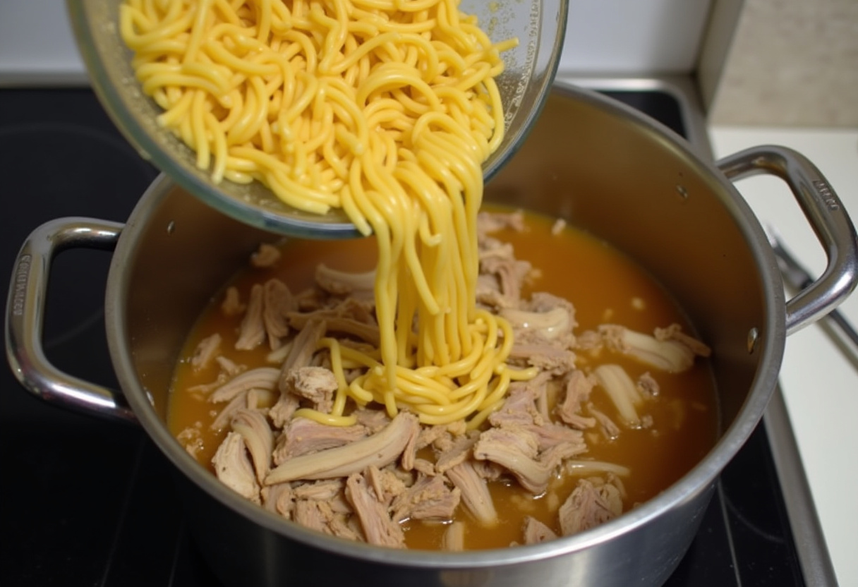 Shredded chicken and egg noodles added to simmering broth for Easy Creamy Chicken Noodle Soup.