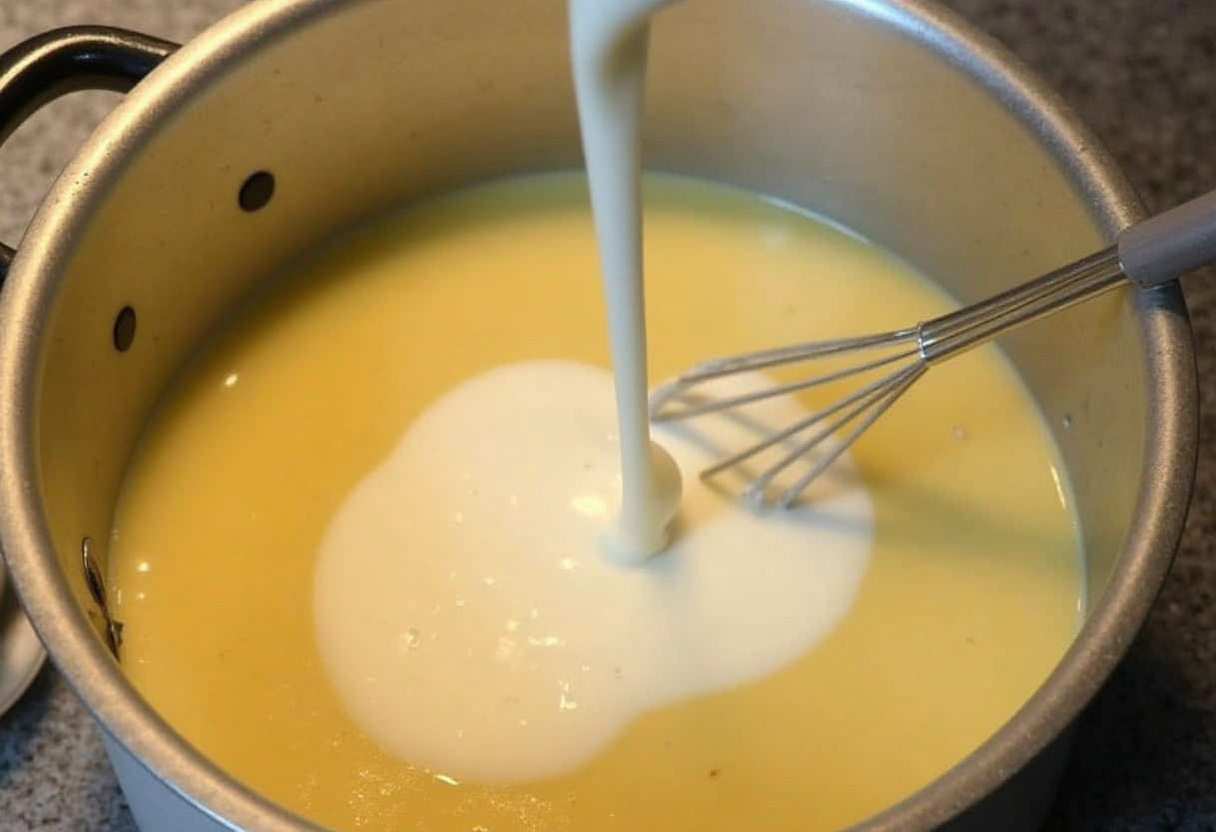 Heavy cream being stirred into the soup for Easy Creamy Chicken Noodle Soup.
