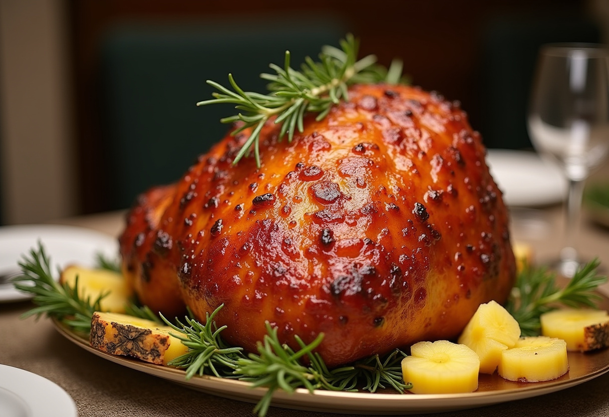 Finished Easy Glazed Ham with golden glaze and garnishes, perfect for holiday meals.