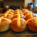 Freshly baked Easy Hot Cross Buns with crosses, ready to serve.