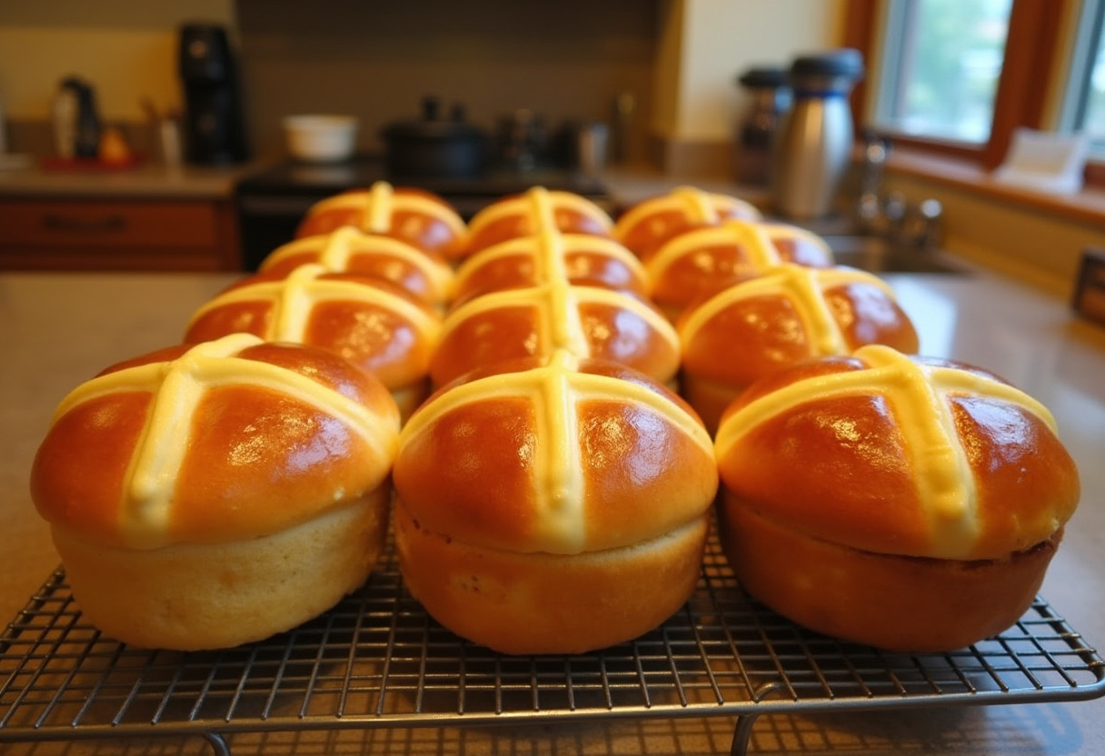Freshly baked Easy Hot Cross Buns with crosses, ready to serve.