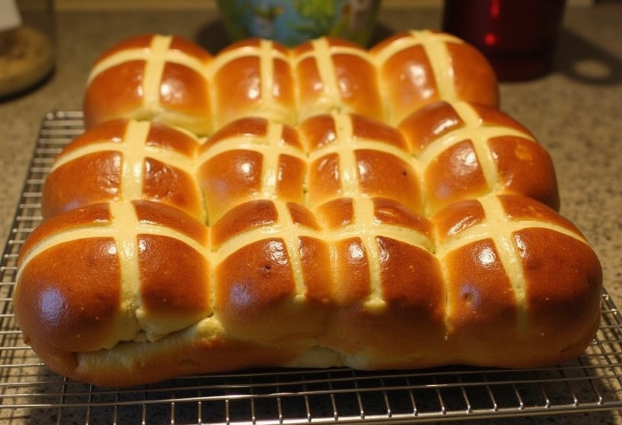 Freshly baked Easy Hot Cross Buns with crosses, ready to serve.