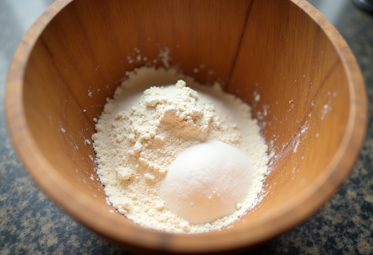 Ingredients for Easy Hot Cross Buns including flour, sugar, and yeast in a mixing bowl.