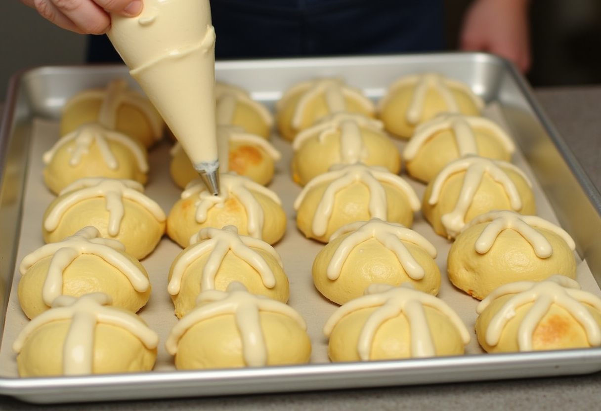 Shaped buns with egg wash and piping bag for crosses on Easy Hot Cross Buns.