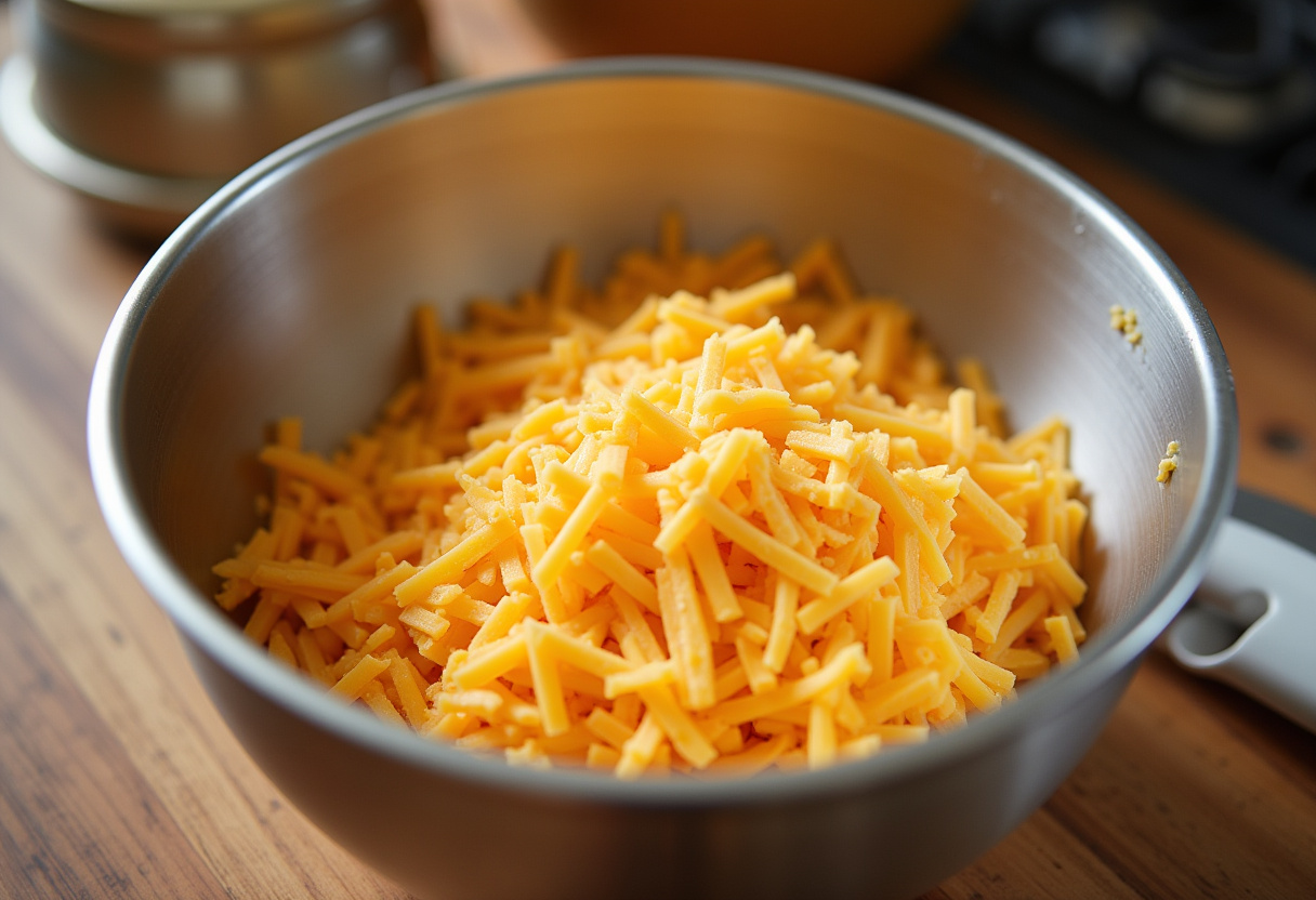Shredded cheddar cheese and mayonnaise in a mixing bowl for Easy No-Bake Cheesy Bread.