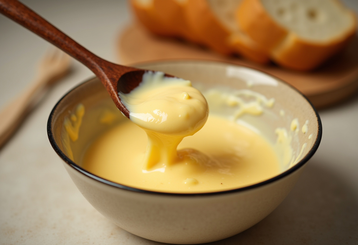 Cheese and mayonnaise mixture being stirred for Easy No-Bake Cheesy Bread.