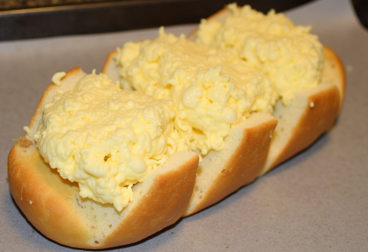 French bread sliced and prepared for topping with cheese mixture for Easy No-Bake Cheesy Bread.