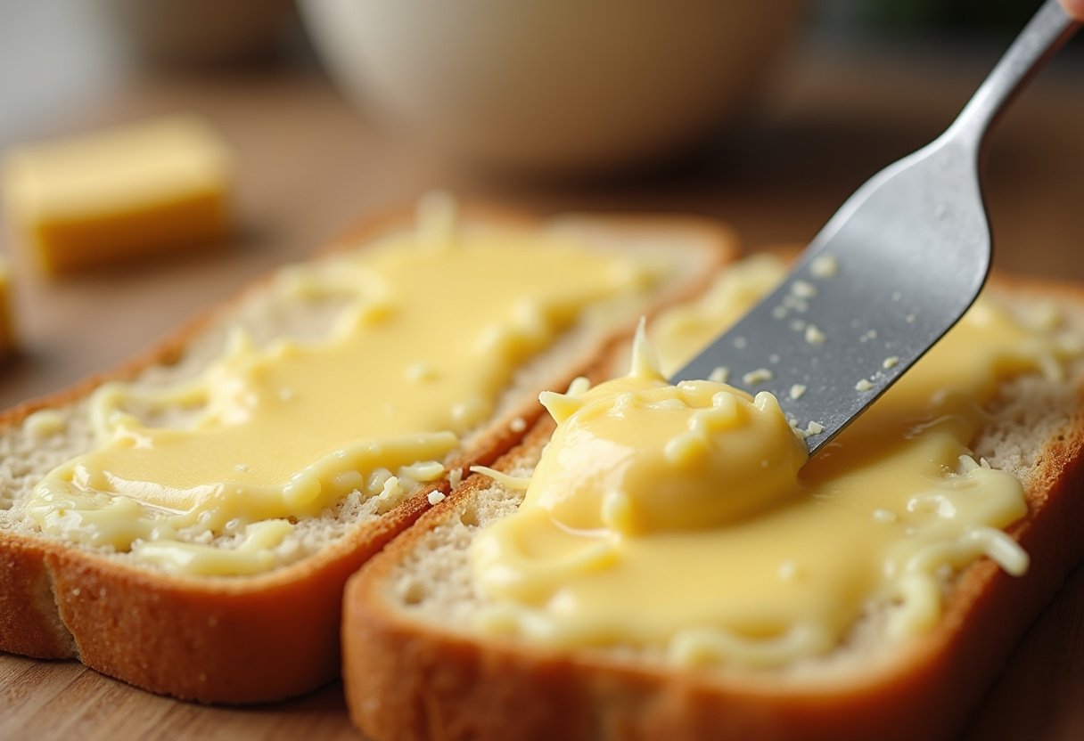 Cheese mixture spread on French bread for Easy No-Bake Cheesy Bread.