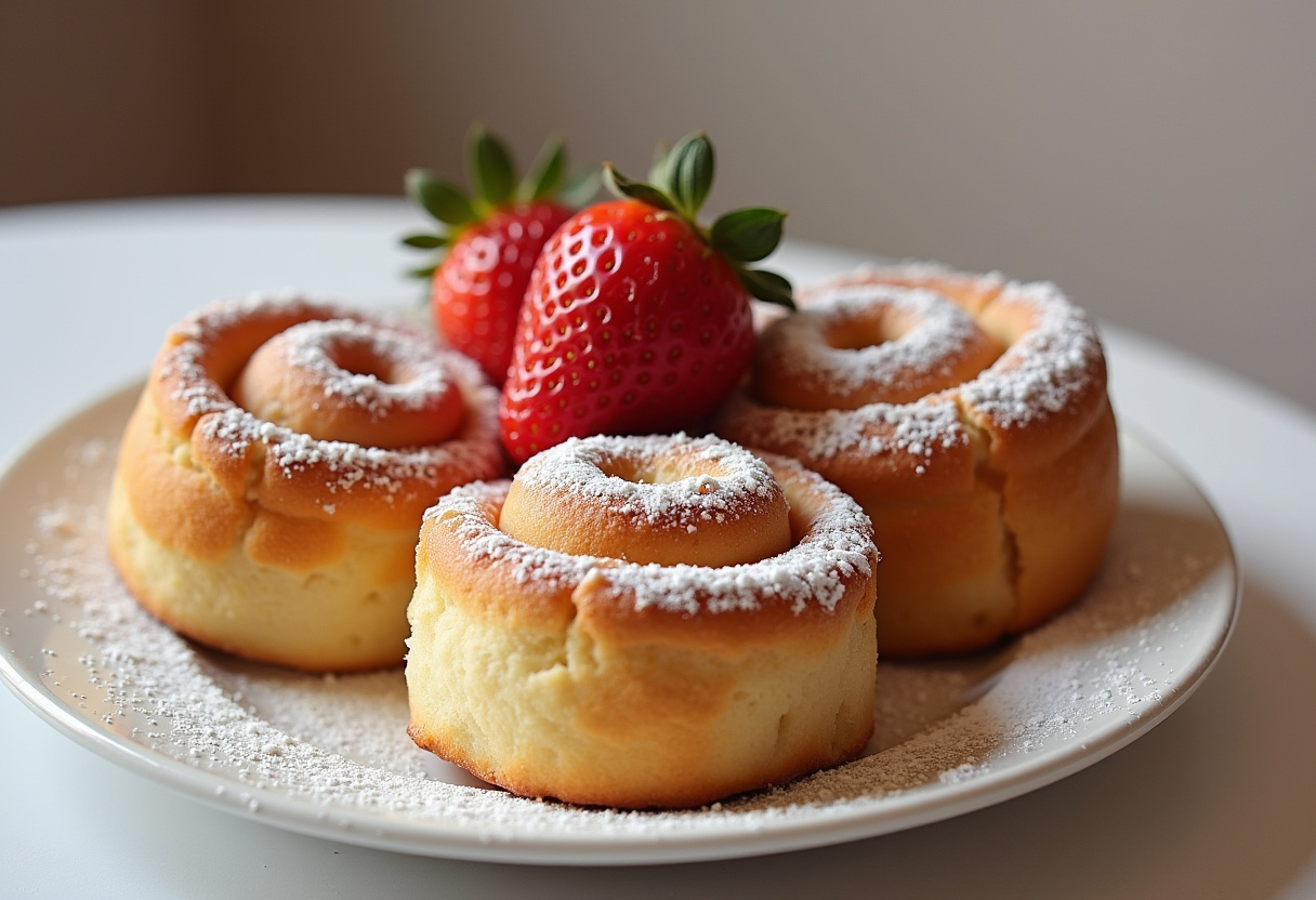 Finished Easy Strawberry Cheesecake Rolls, golden and dusted with powdered sugar, ready to serve.
