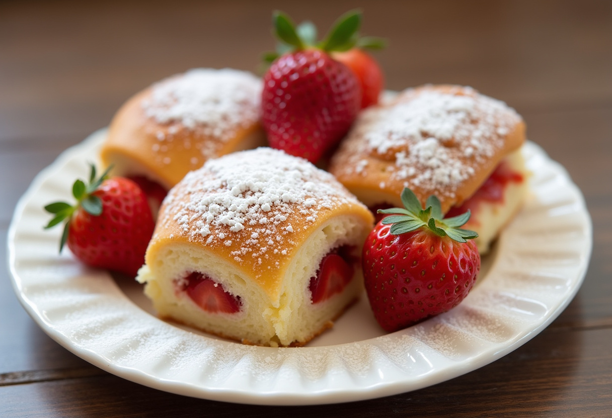 Finished Easy Strawberry Cheesecake Rolls, golden and dusted with powdered sugar, ready to serve.