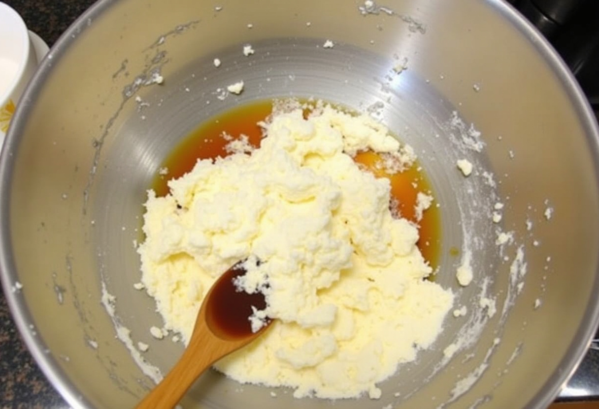 Cream cheese, sugar, and vanilla being mixed for Easy Strawberry Cheesecake Rolls.