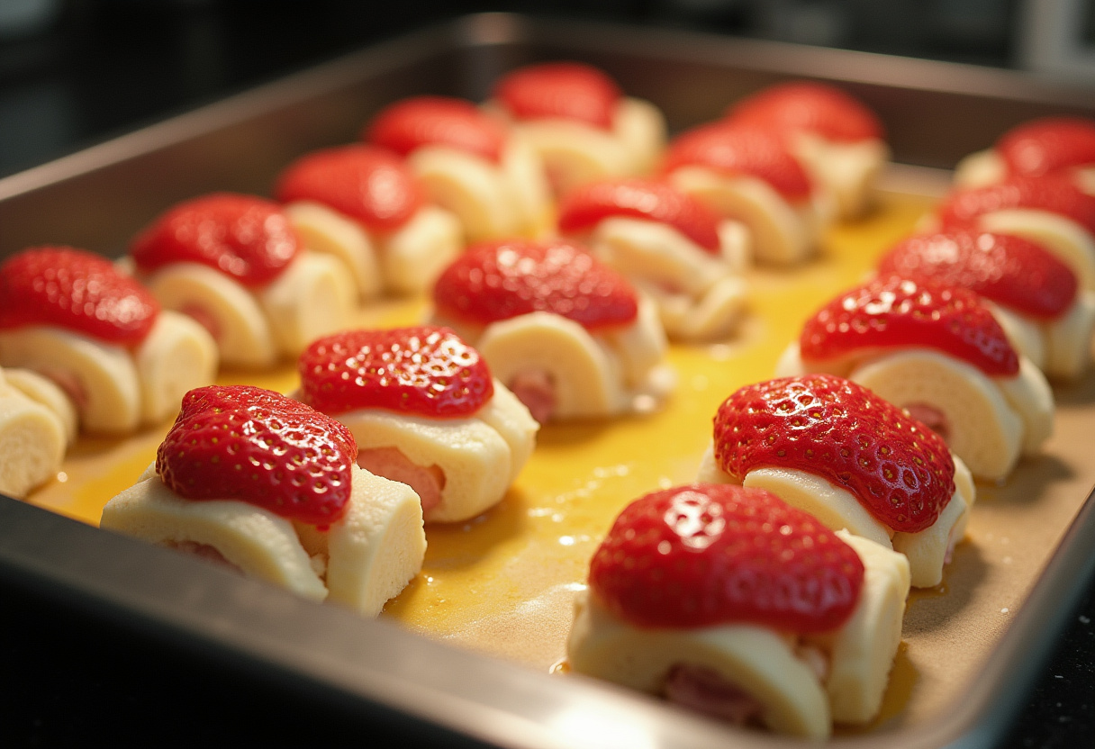 Strawberry cheesecake rolls on a baking tray, brushed with egg wash before baking.