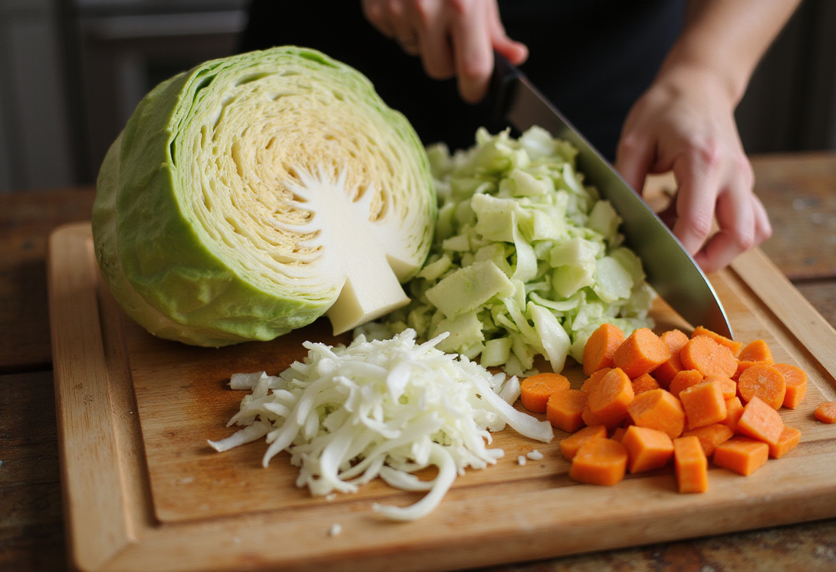 Chopping cabbage and vegetables for flavorful Cabbage Bread recipe.