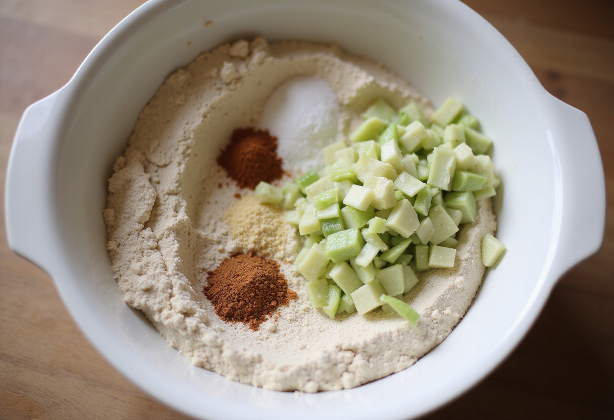 Combining dry ingredients and chopped vegetables for Effortless Cabbage Bread.
