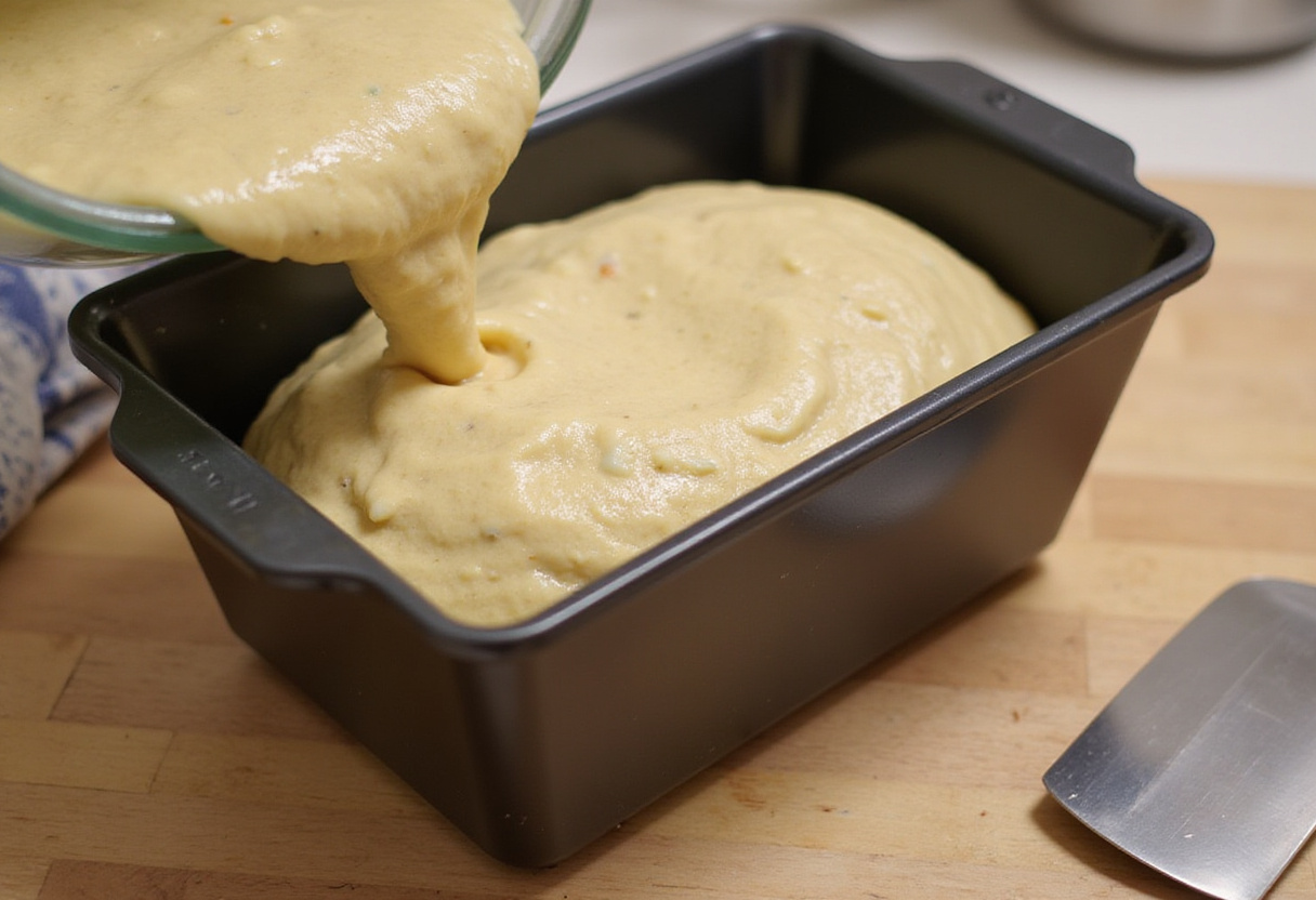 Cabbage bread dough poured into loaf pan ready for baking.