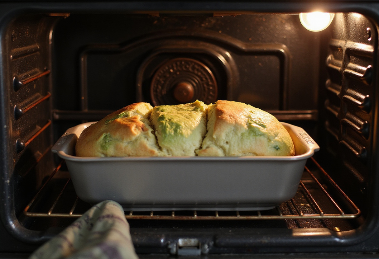 Placing cabbage bread in the oven to bake.