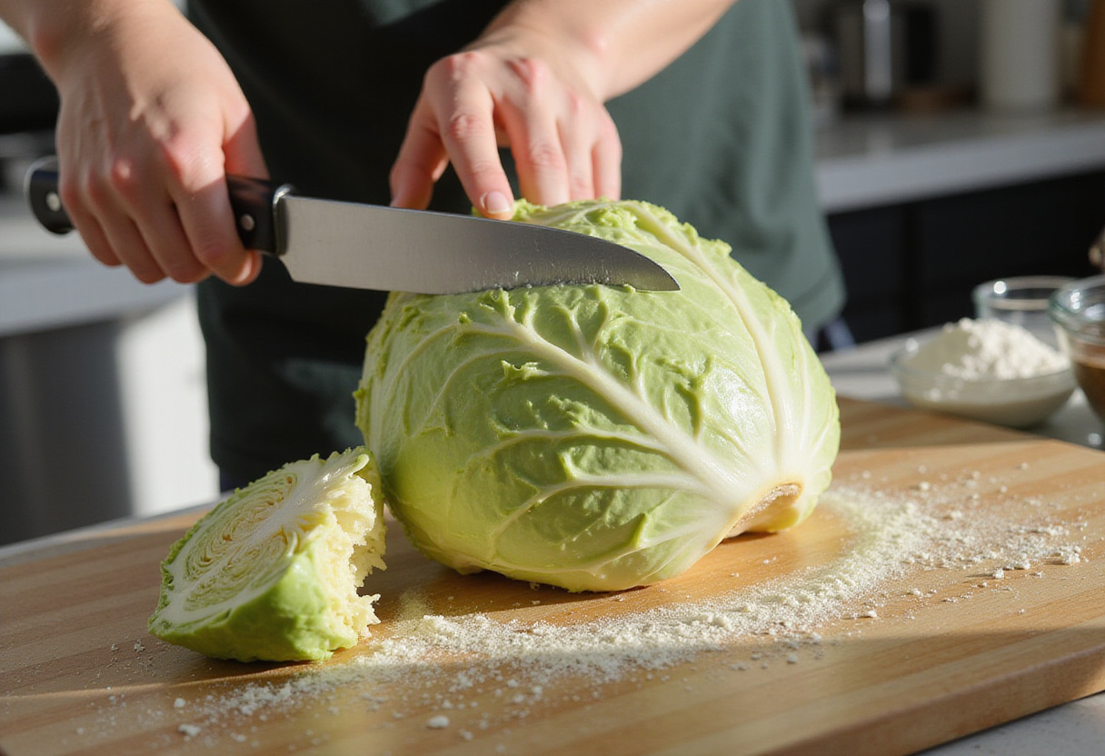 Fresh cabbage being shredded for homemade cabbage bread recipe.