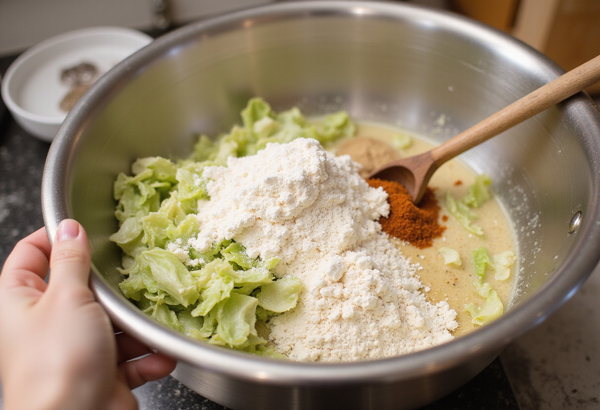 Mixing ingredients in a bowl to make family-favorite cabbage bread.