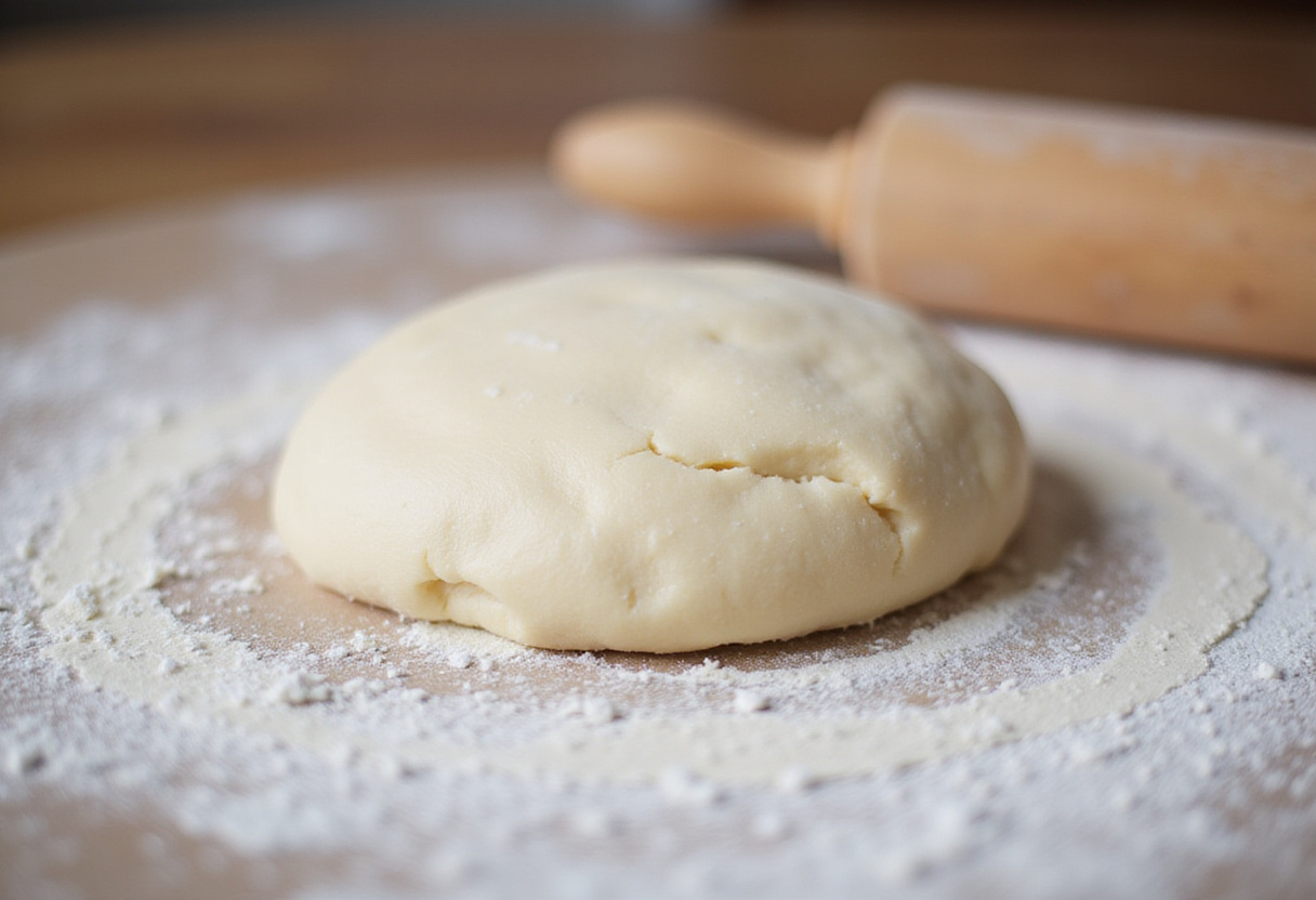 Kneading cabbage bread dough on a floured surface.