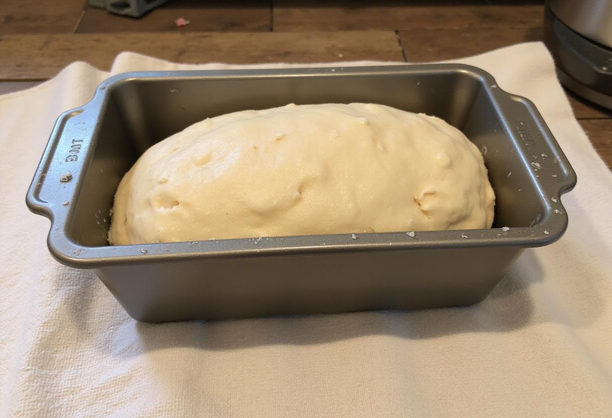 Cabbage bread dough rising in a greased loaf pan.
