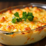 Golden-brown scalloped potatoes with melted cheese, perfect for family dinners.