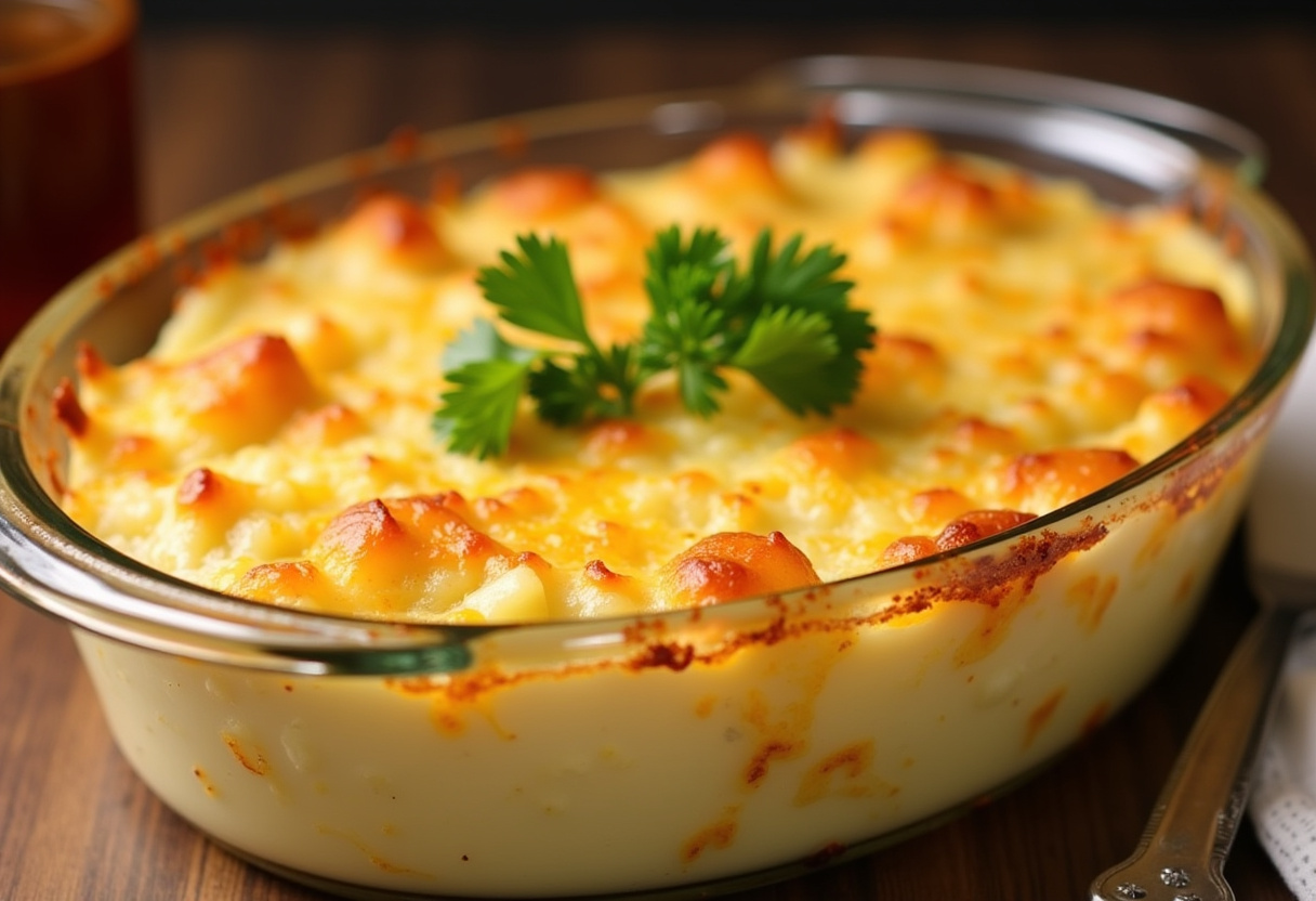 Golden-brown scalloped potatoes with melted cheese, perfect for family dinners.