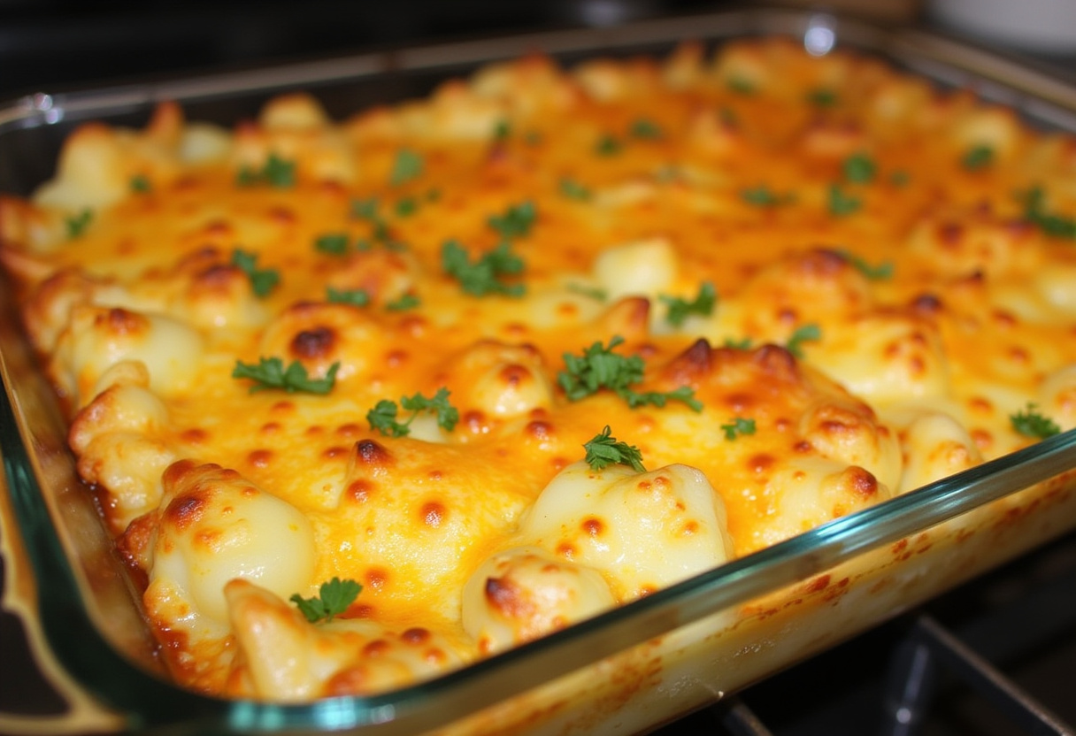 Golden-brown scalloped potatoes with melted cheese, perfect for family dinners.