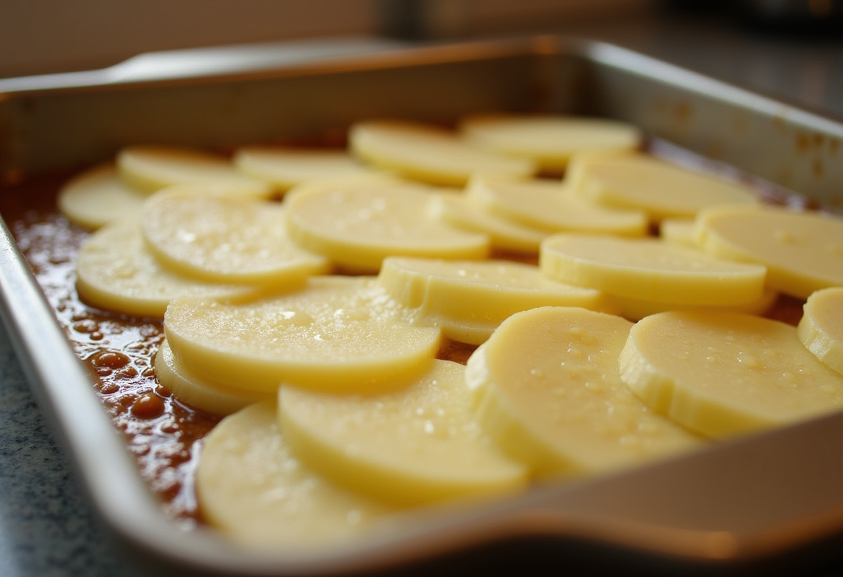 Thinly sliced potatoes layered in a baking dish for Family Favorite Scalloped Potatoes.