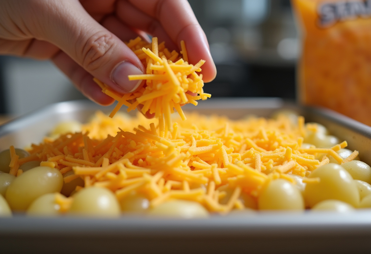 Shredded cheddar cheese being sprinkled over potatoes for scalloped potatoes.