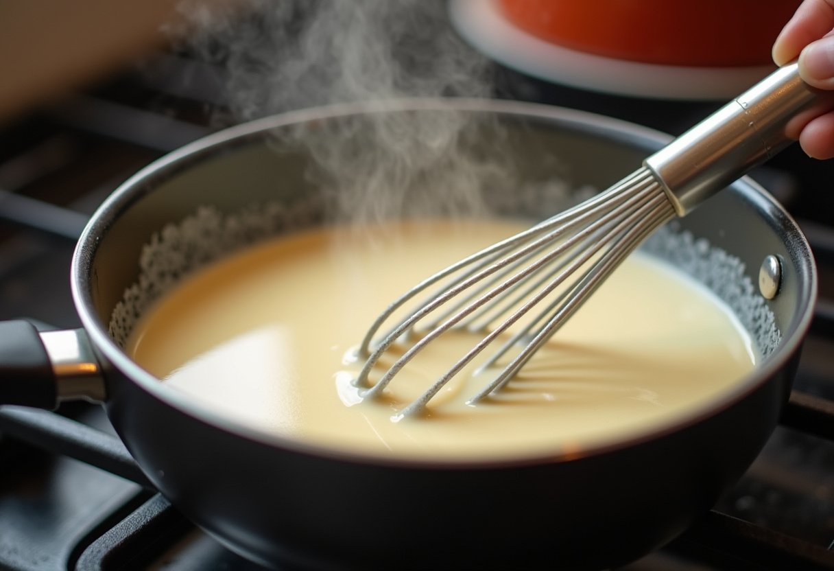 Creamy milk and butter mixture being prepared for scalloped potatoes.