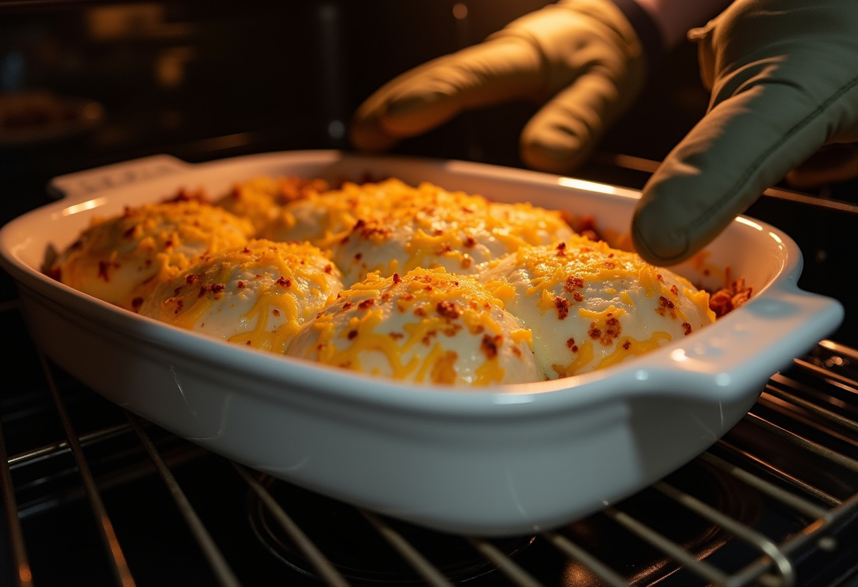 Baking dish with scalloped potatoes being placed in the oven.
