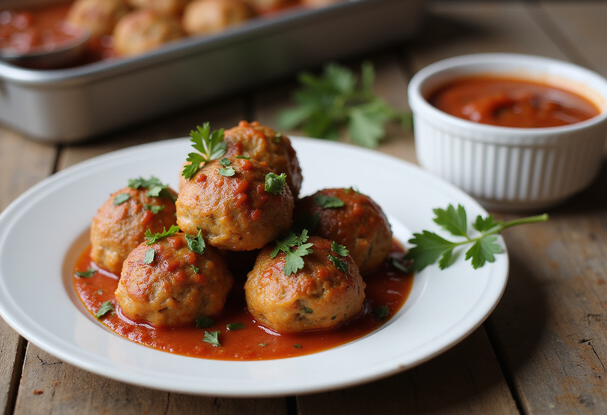 Perfectly baked 4C bread crumbs meatballs with marinara sauce.