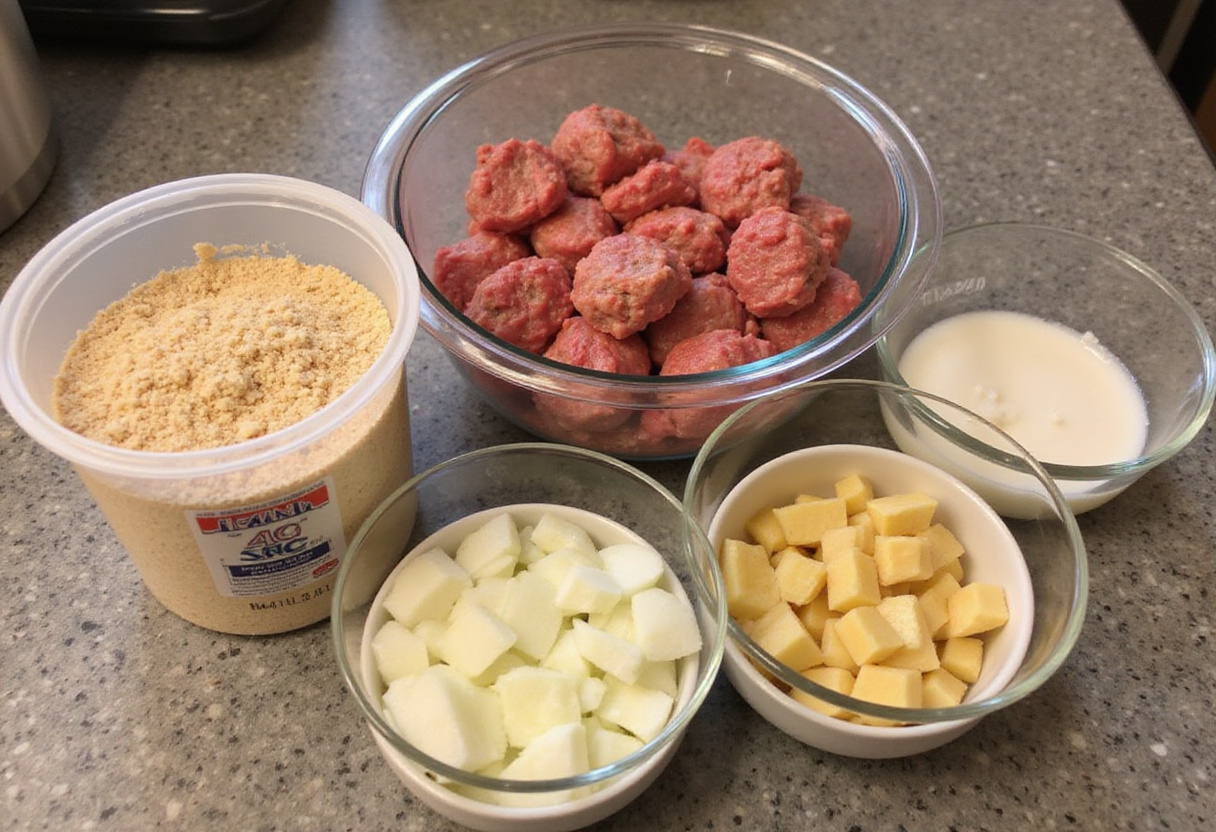 Ingredients laid out for making 4C bread crumbs meatballs.
