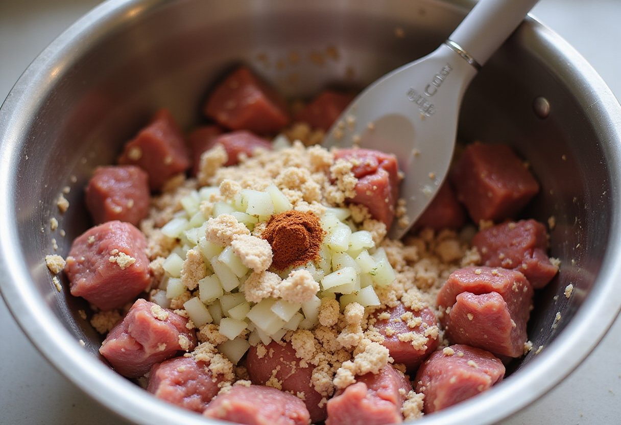 Combining ground meat with 4C bread crumbs and seasonings for meatballs.