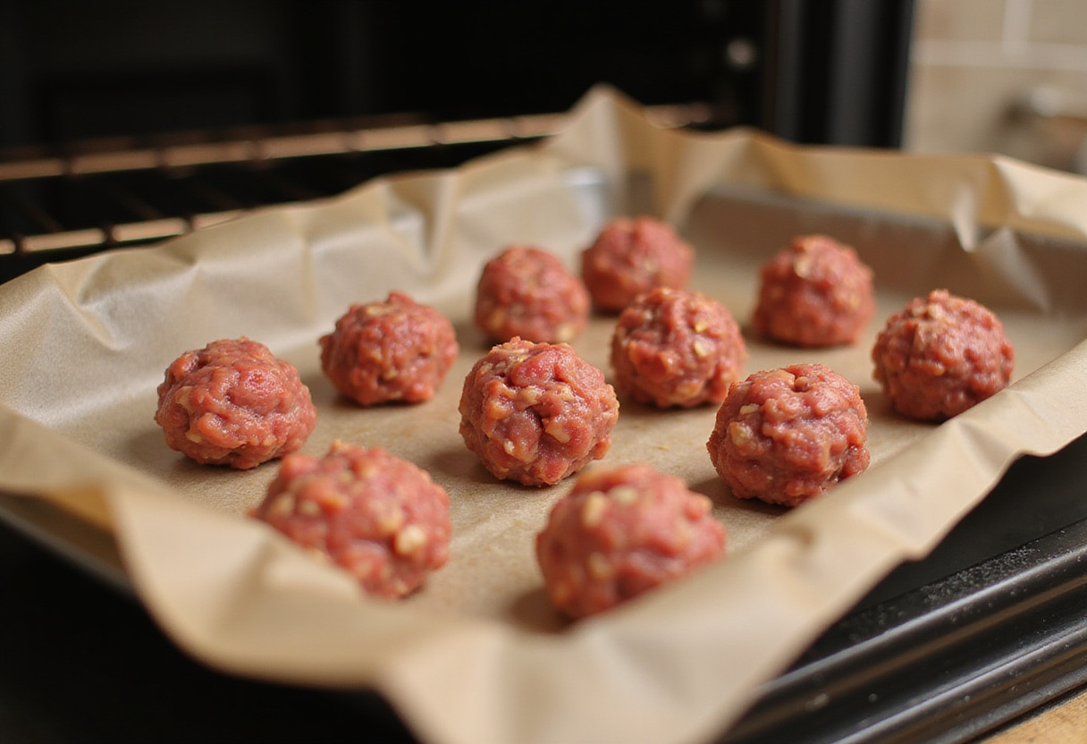 Raw meatballs arranged on a baking tray ready for baking.