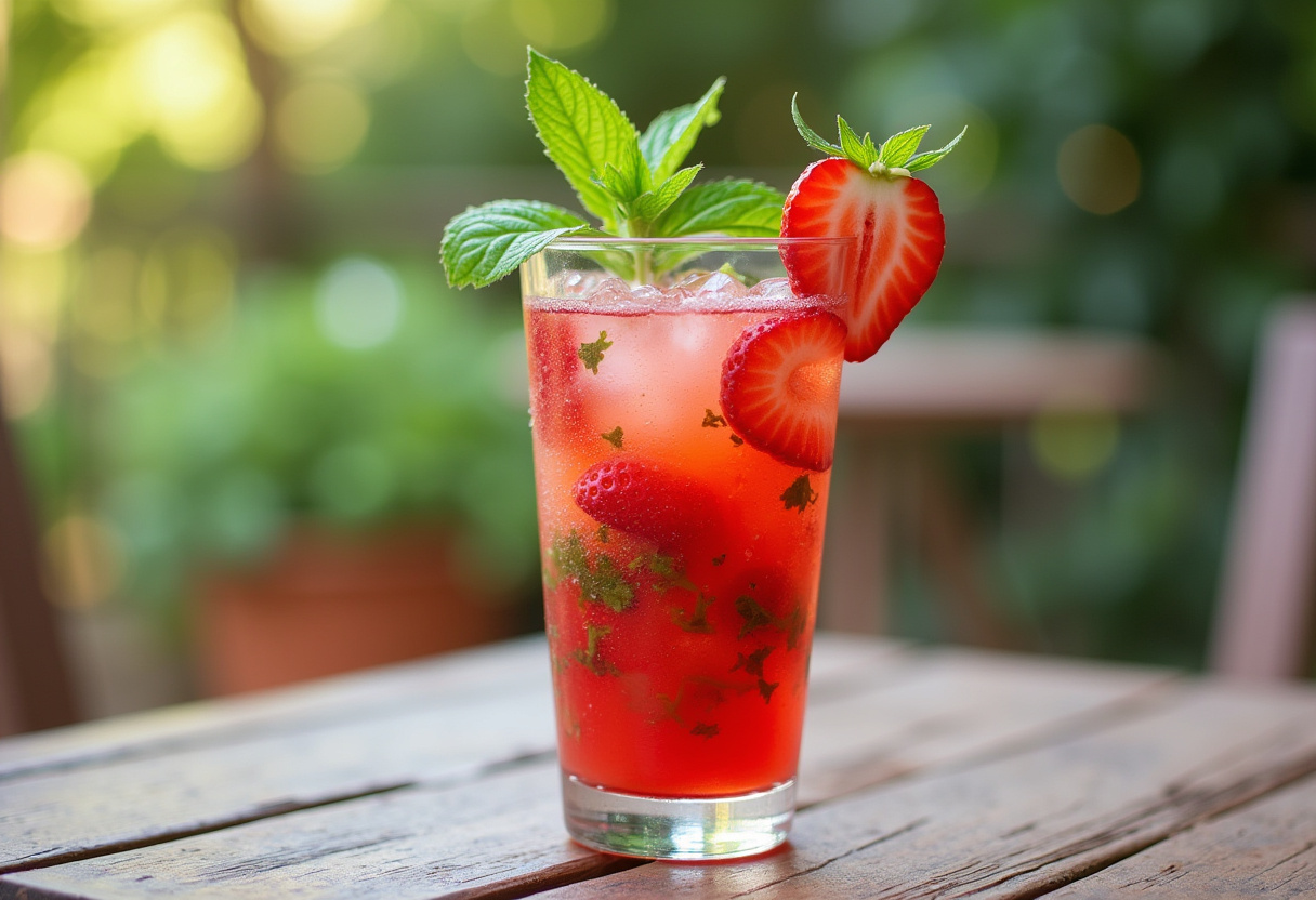 Finished Strawberry Mojito with mint and strawberry garnish, perfect for summer.