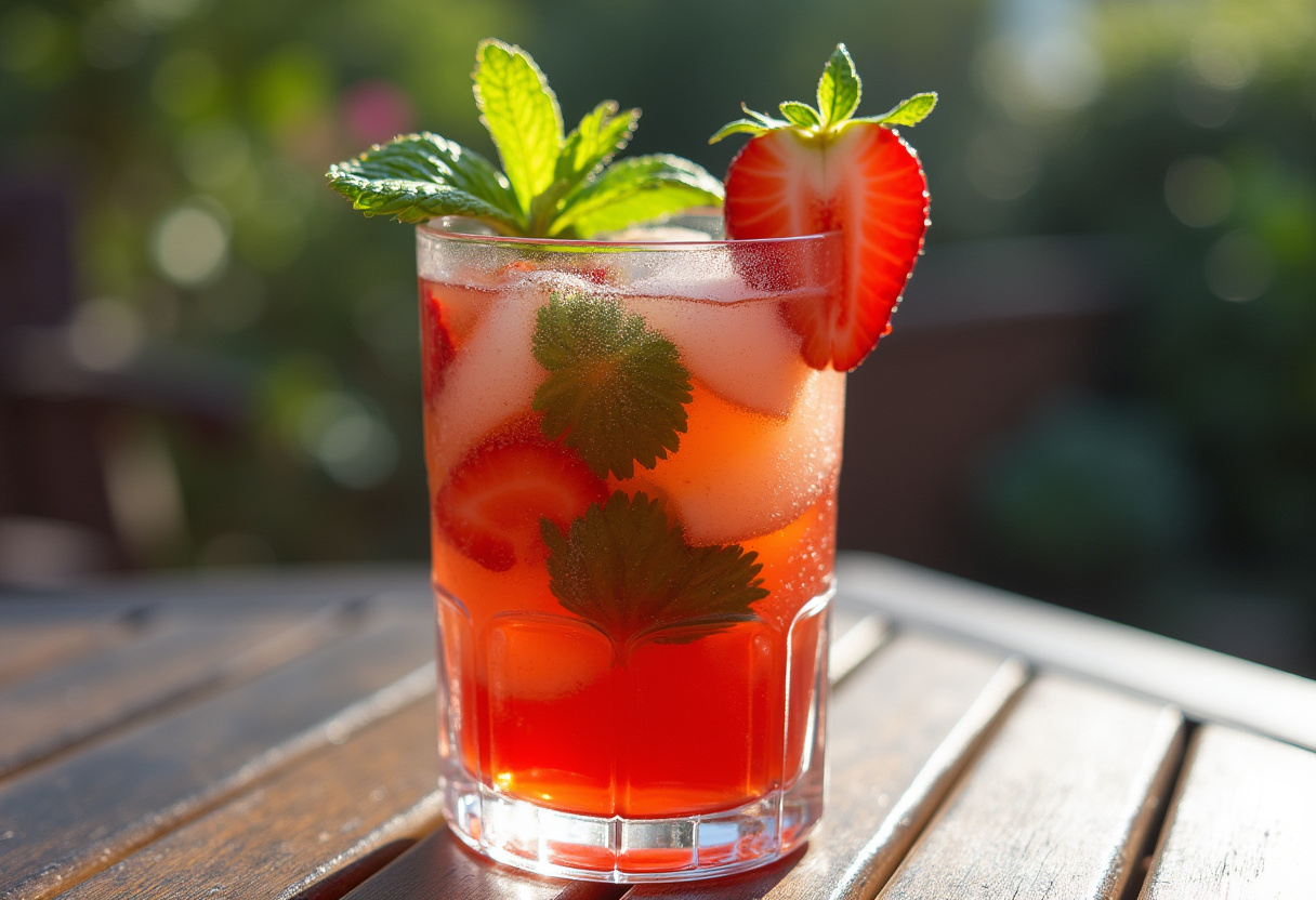 Finished Strawberry Mojito with mint and strawberry garnish, perfect for summer.