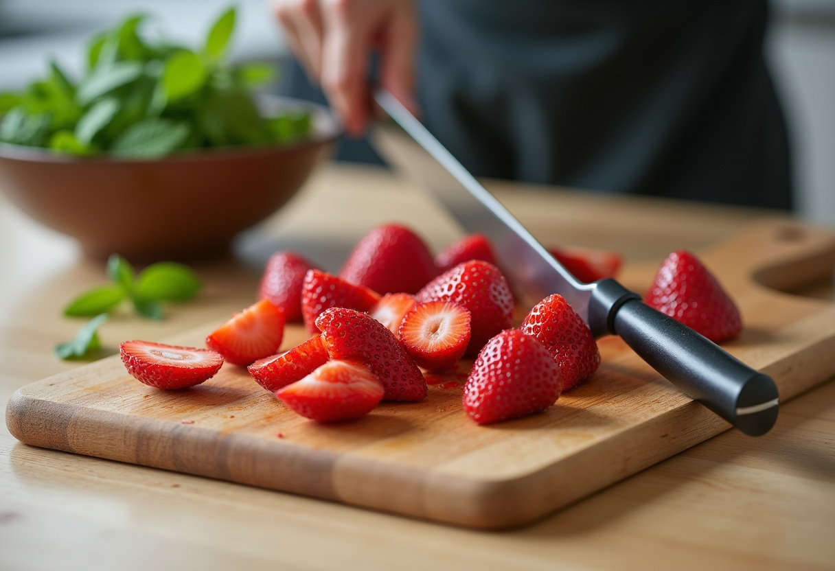 Fresh strawberries and mint leaves prepared for making Strawberry Mojito.