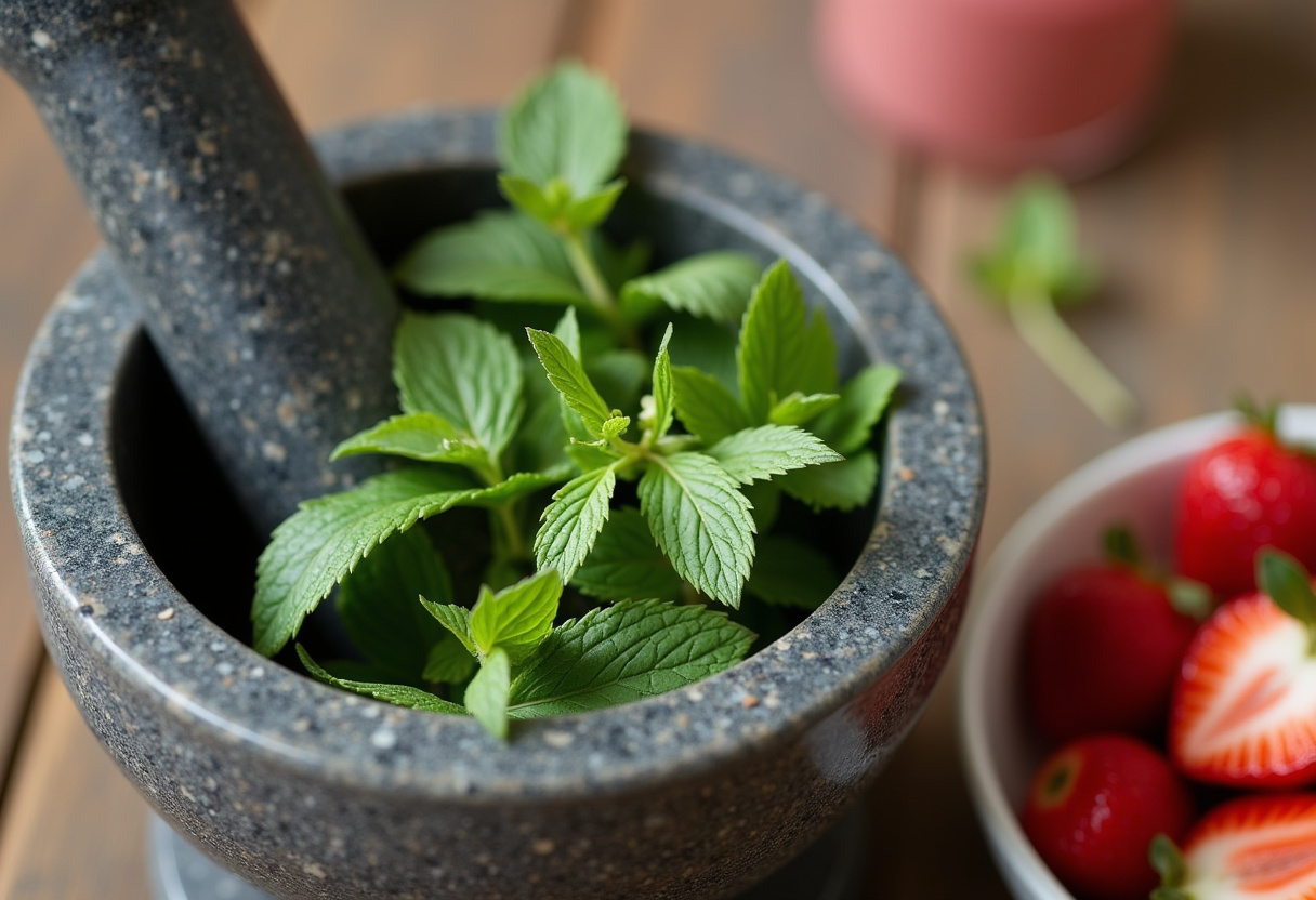 Mint leaves being muddled in a mortar for Strawberry Mojito.