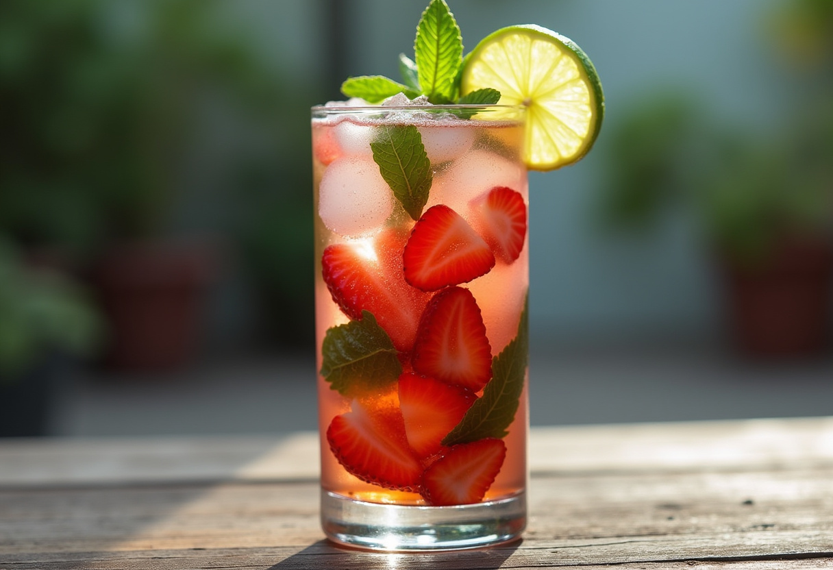 Glass with ice, mint, and strawberries for Strawberry Mojito.