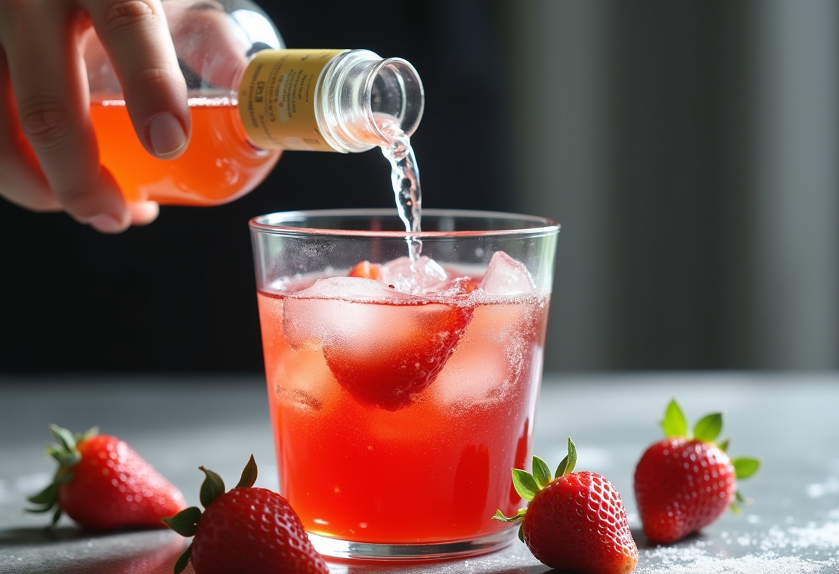 White rum being added to the Strawberry Mojito mixture.