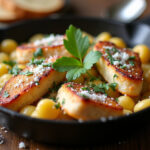 Finished Garlic Chicken Gnocchi Skillet with Parmesan and parsley, ready to serve.