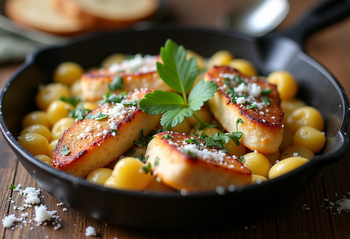 Finished Garlic Chicken Gnocchi Skillet with Parmesan and parsley, ready to serve.
