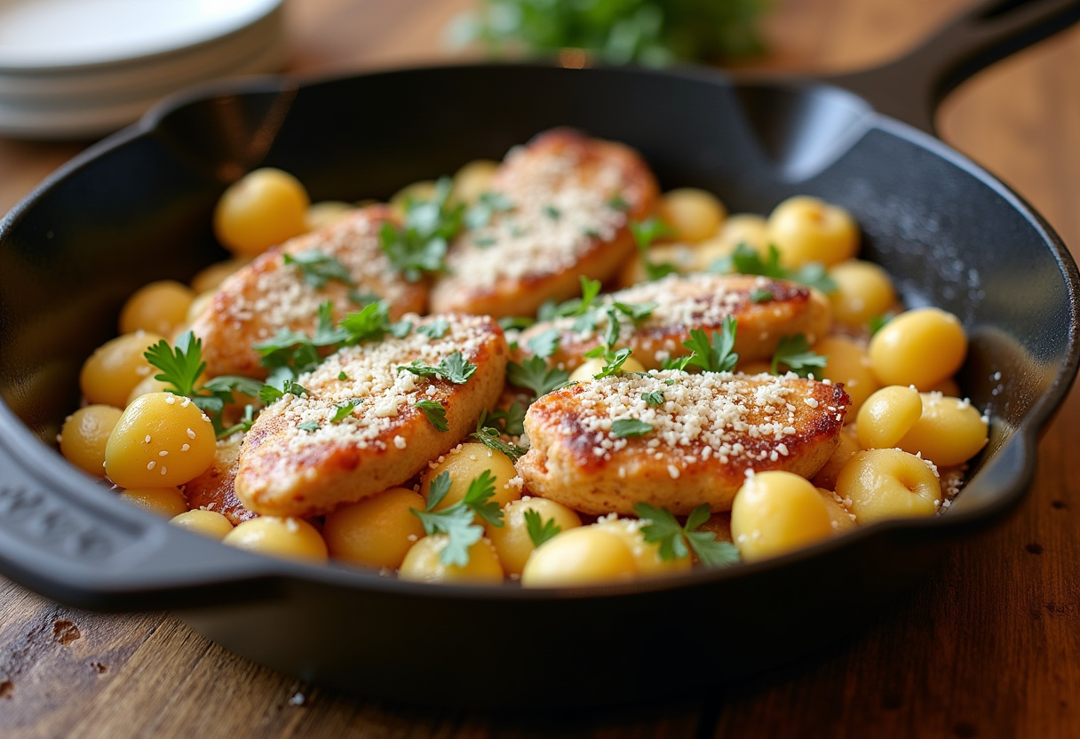 Finished Garlic Chicken Gnocchi Skillet with Parmesan and parsley, ready to serve.